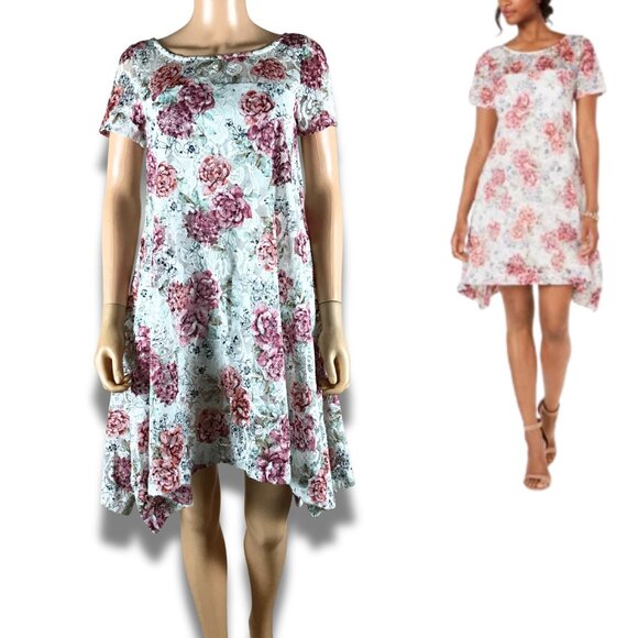ROBBIE BEE Floral Lace Short Sleeve Asymmetrical Dress NEW Petite Medium - Picture 1 of 8